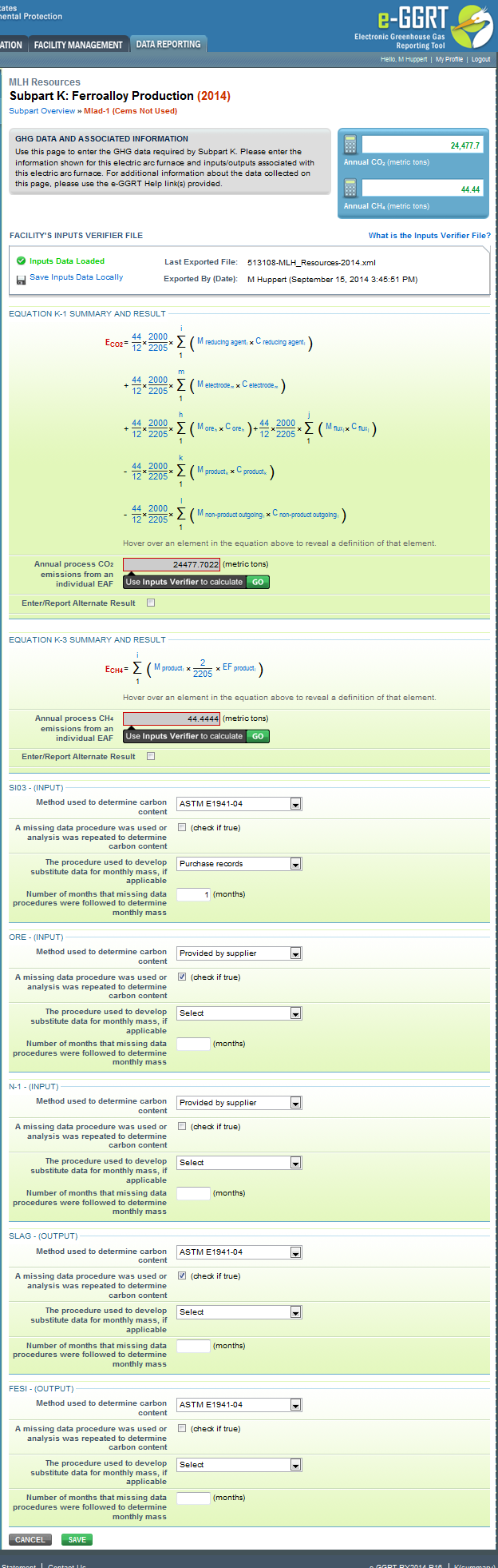 Image of the Subpart K: Ferroalloy Production page that shows the facility's inputs verifier file.